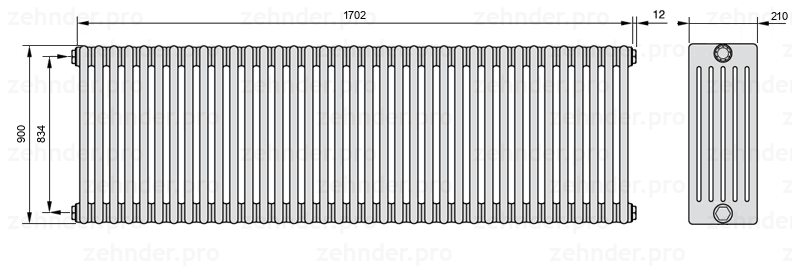Схема (чертеж) Радиатор Zehnder Charleston 6090/37 №1270 Белый глянцевый RAL 9016